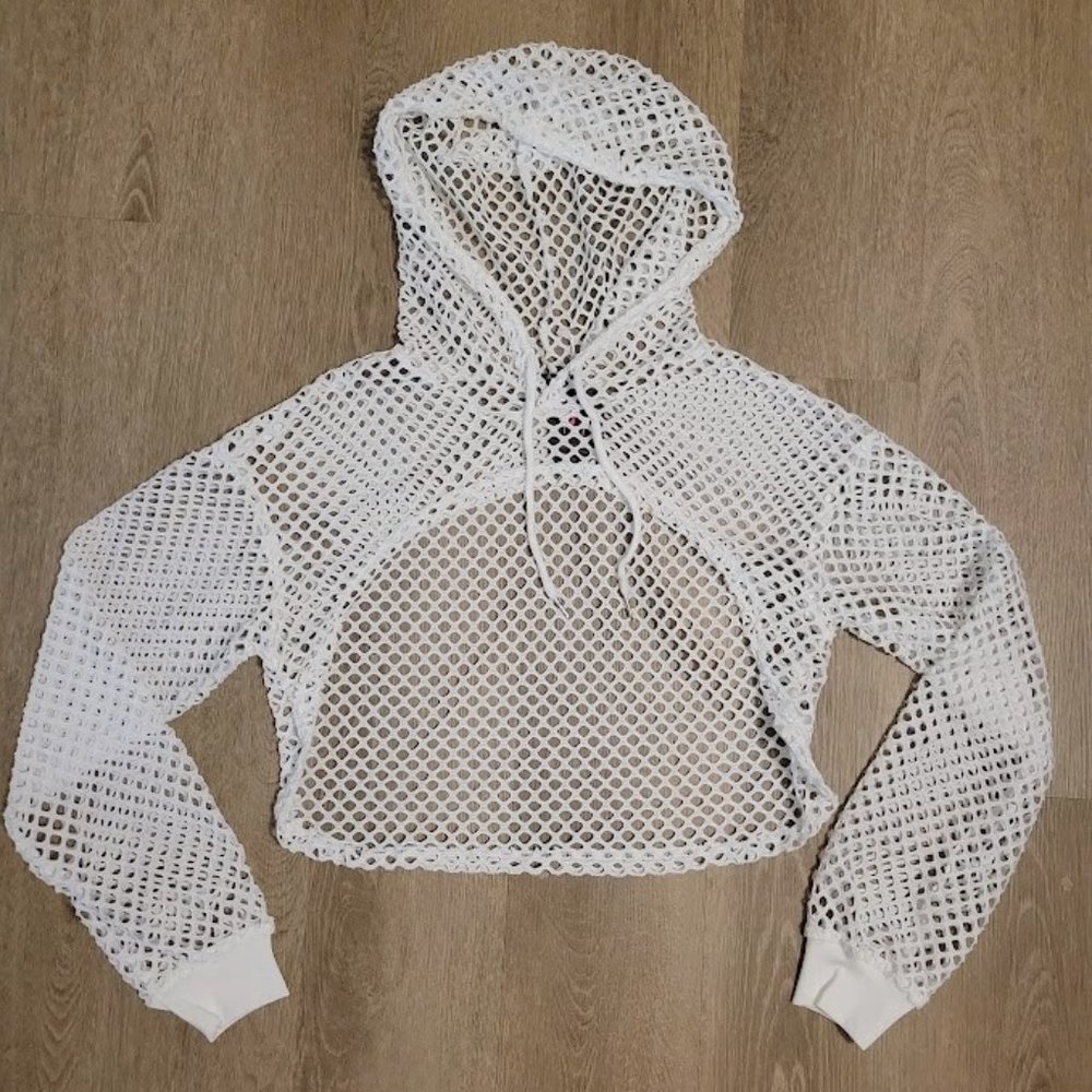 CLEARANCE!! Coral Sequin Set w/ White Fishnet Crop Rave Outfit - Picture 5 of 9